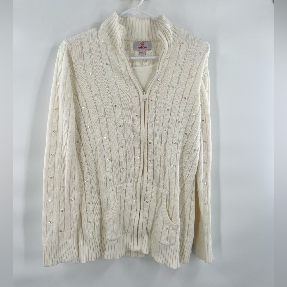 Quacker Factory cream full zip sweater long sleeve size M